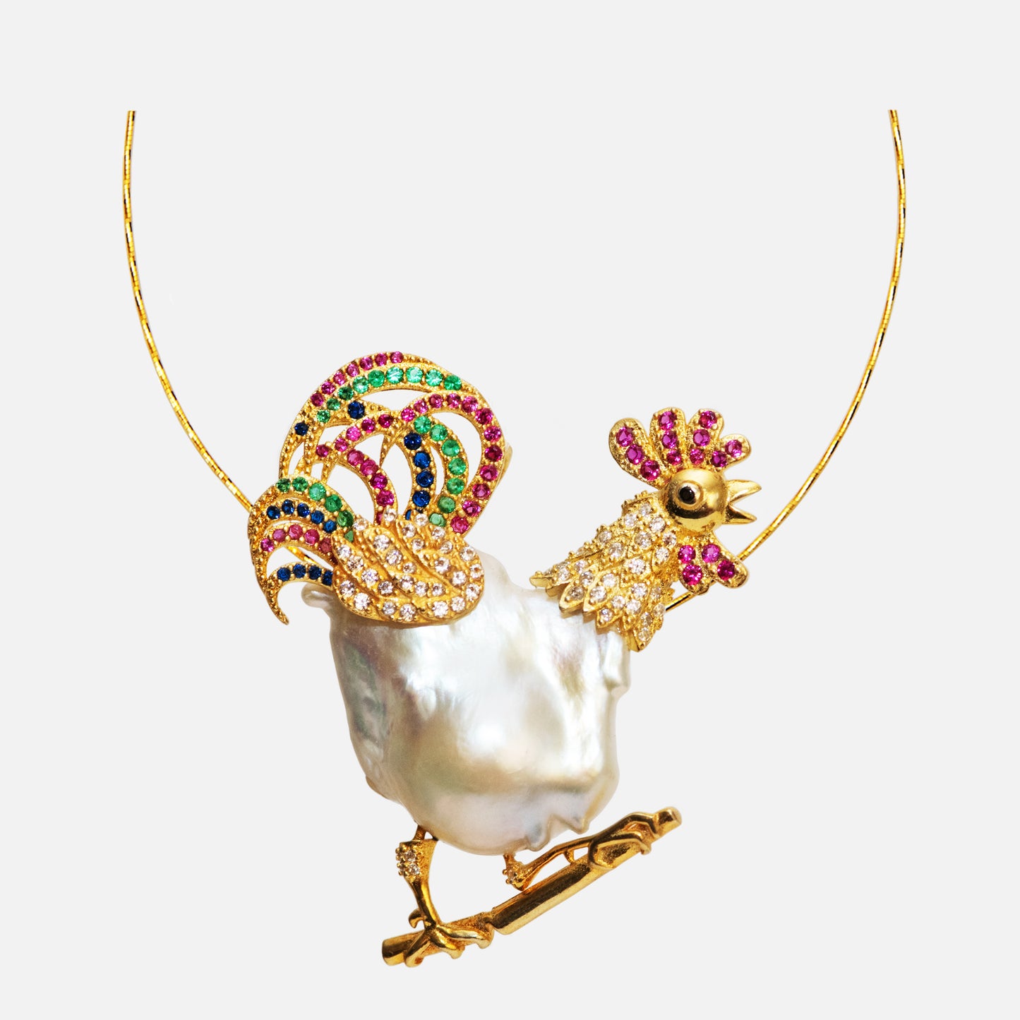 Goldener Hahn – Barockperlen-Anhänger mit Kristallen