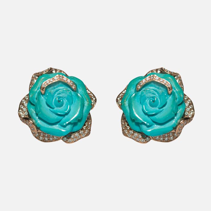 Arizona Türkis Rosen Ohrstecker mit Diamanten und 750er Gelbgold