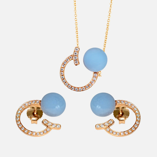 Halskette & Ohrringe mit Milky Chalcedon – 18K Roségold - SET