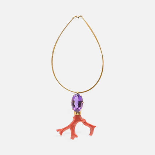 Amethyst & Astkoralle – Design-Anhänger in 18K Gold