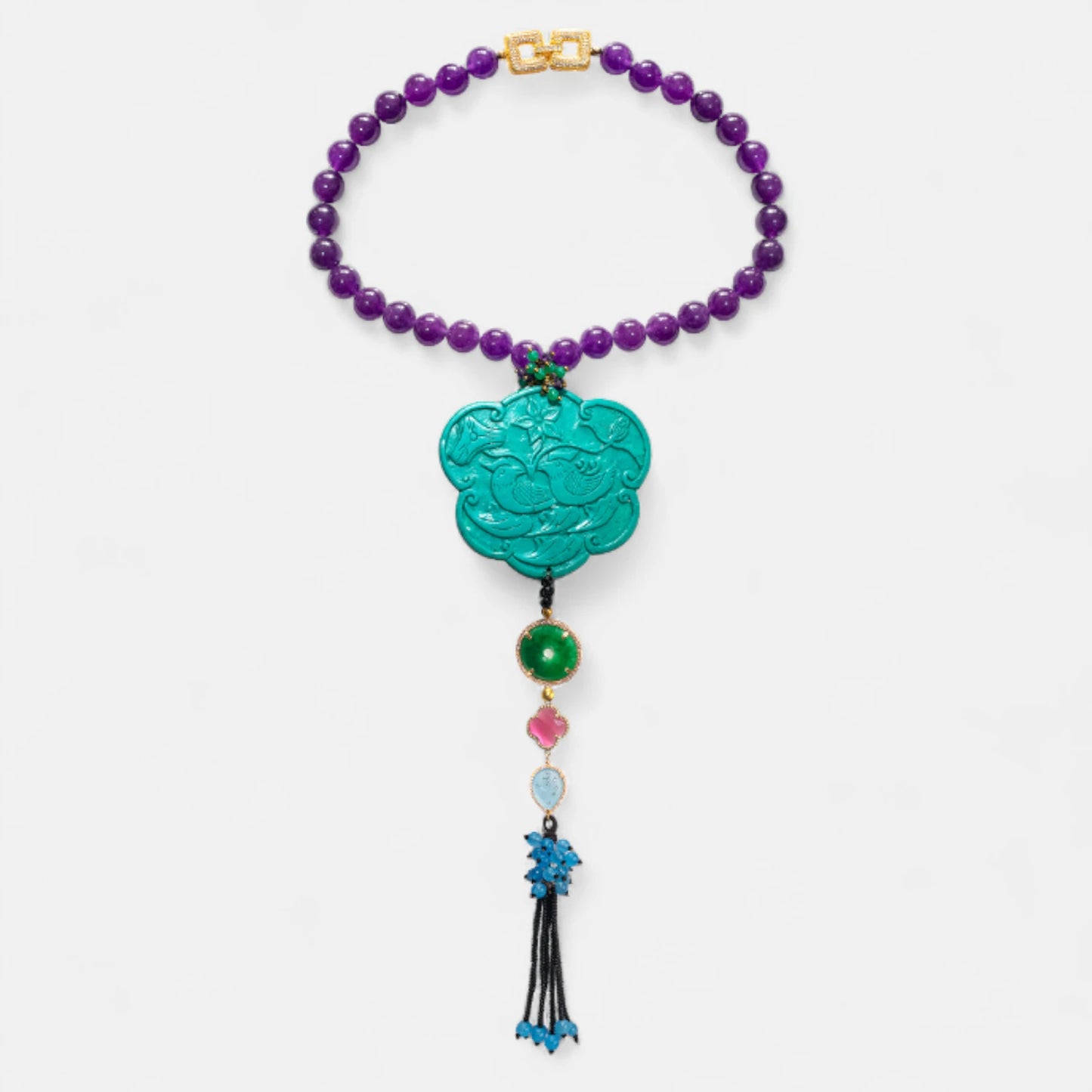 Anhänger mit Amethyst & Magnesit – Glückssymbol Doppelvogel