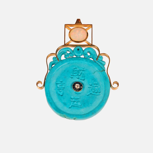 Anhänger mit Magnesit, Opal & Diamant – 18K Gelbgold Unikat