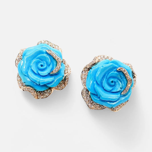Arizona Türkis Rosen Ohrstecker mit Diamanten und 750er Gelbgold