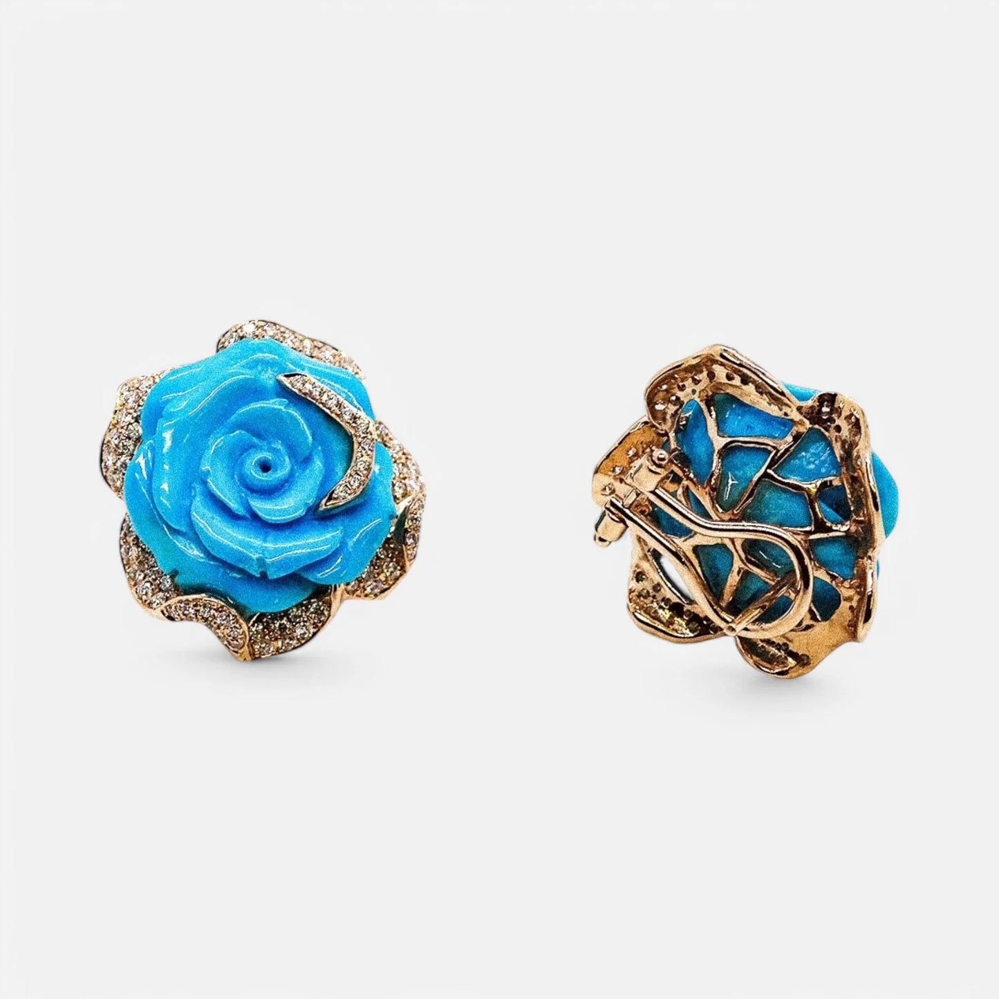 Arizona Türkis Rosen Ohrstecker mit Diamanten und 750er Gelbgold
