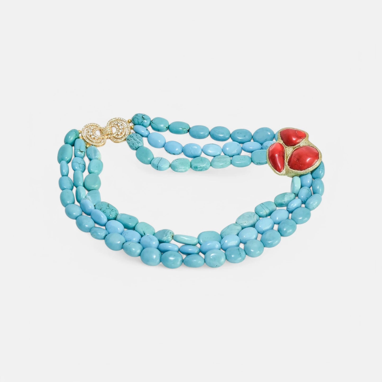 Dreireihige Design-Kette mit Magnesit-Türkis & Bambuskorallen