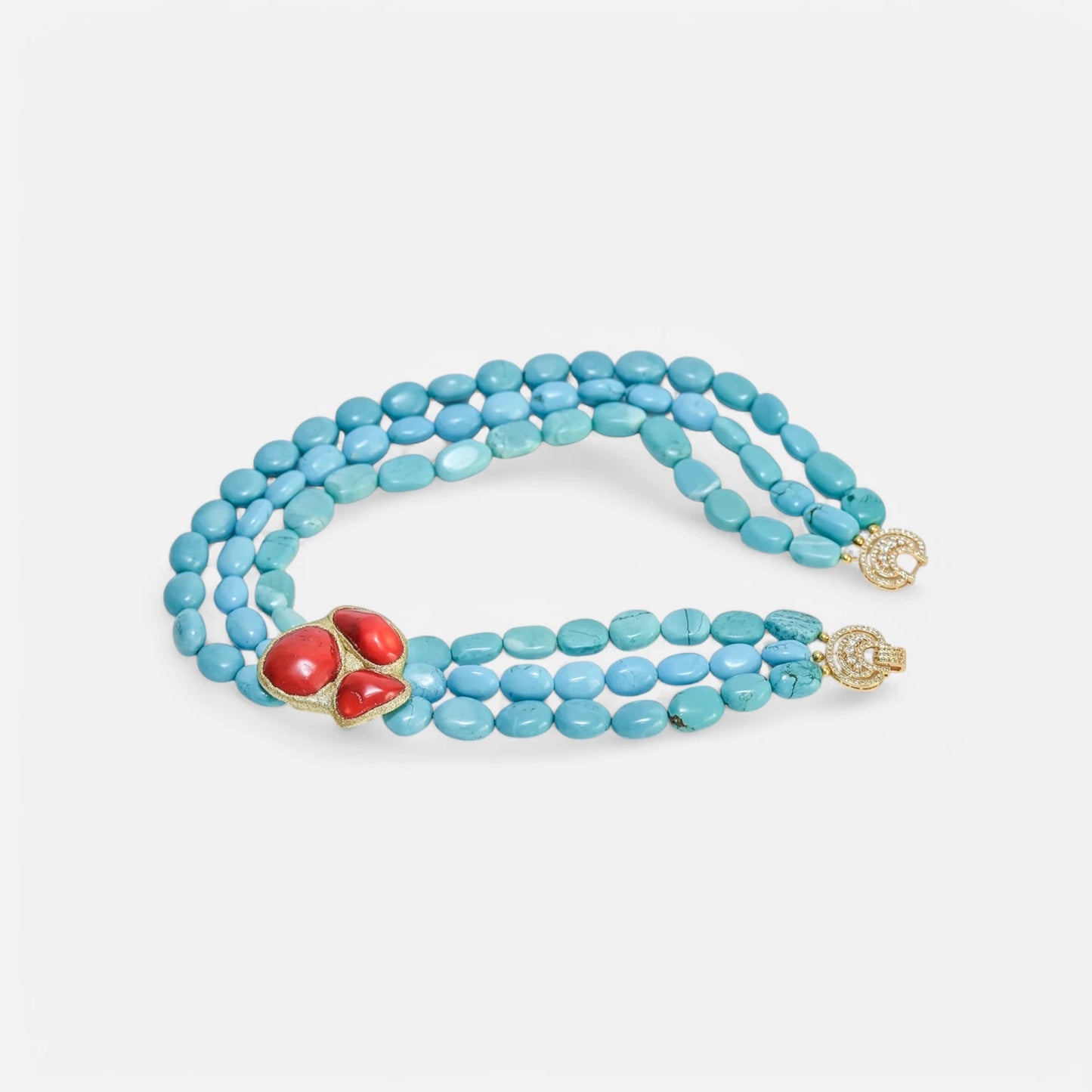 Dreireihige Design-Kette mit Magnesit-Türkis & Bambuskorallen