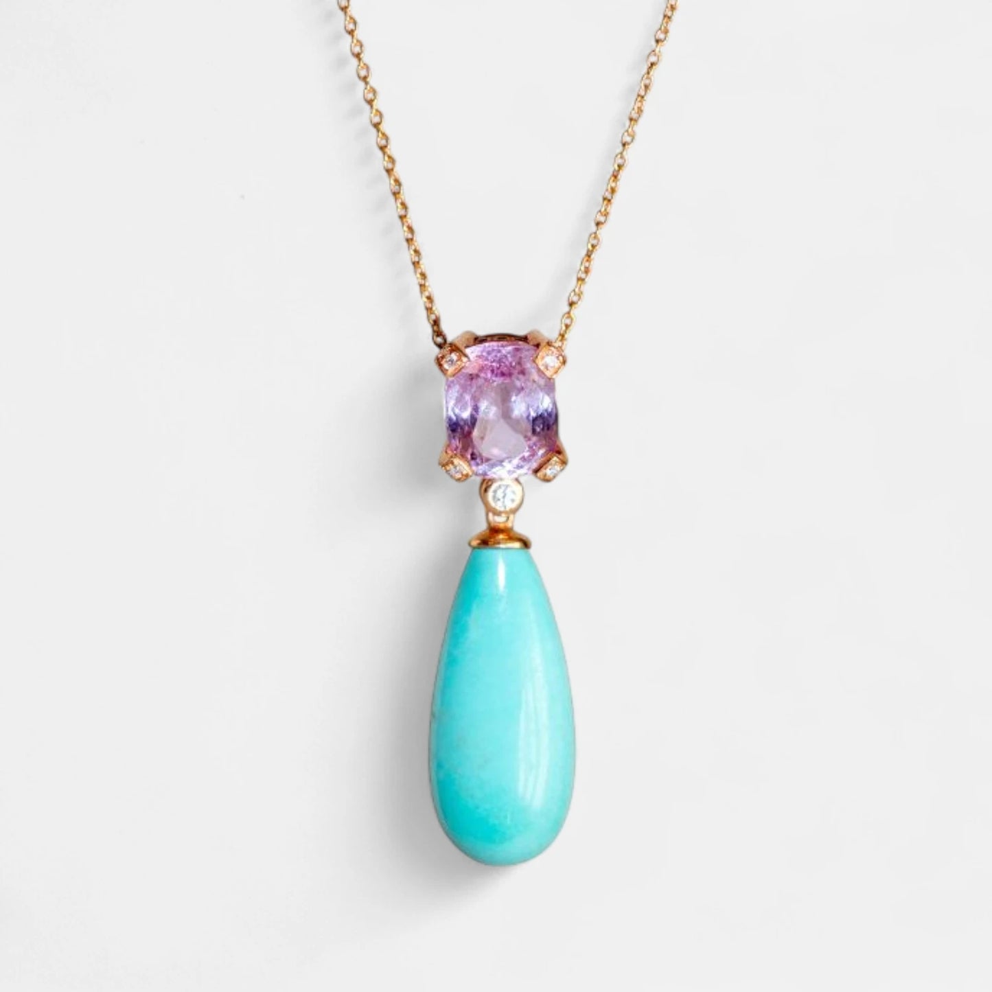 Set aus Kette & Ohrringen mit Kunzit, Türkis & Brillanten
