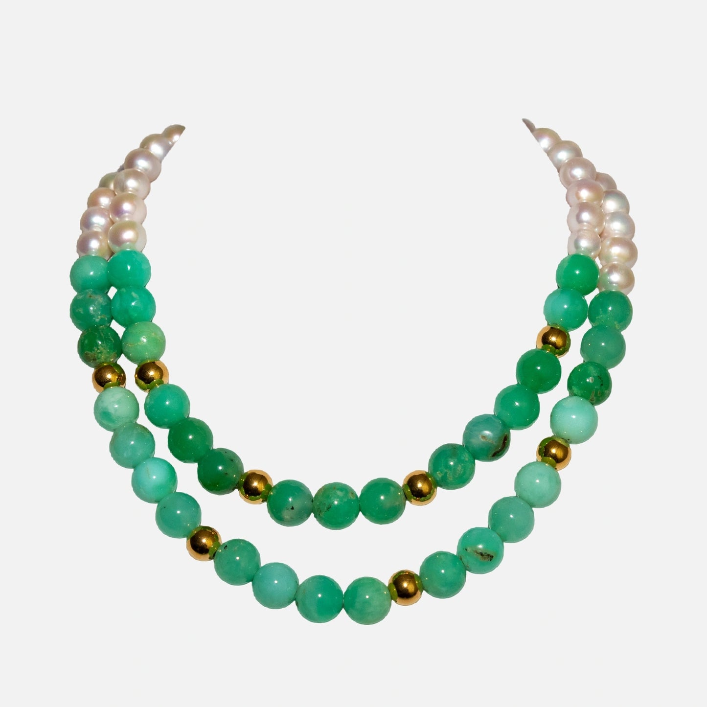 Zweireihige Kette aus Süsswasserperlen & Chrysopras
