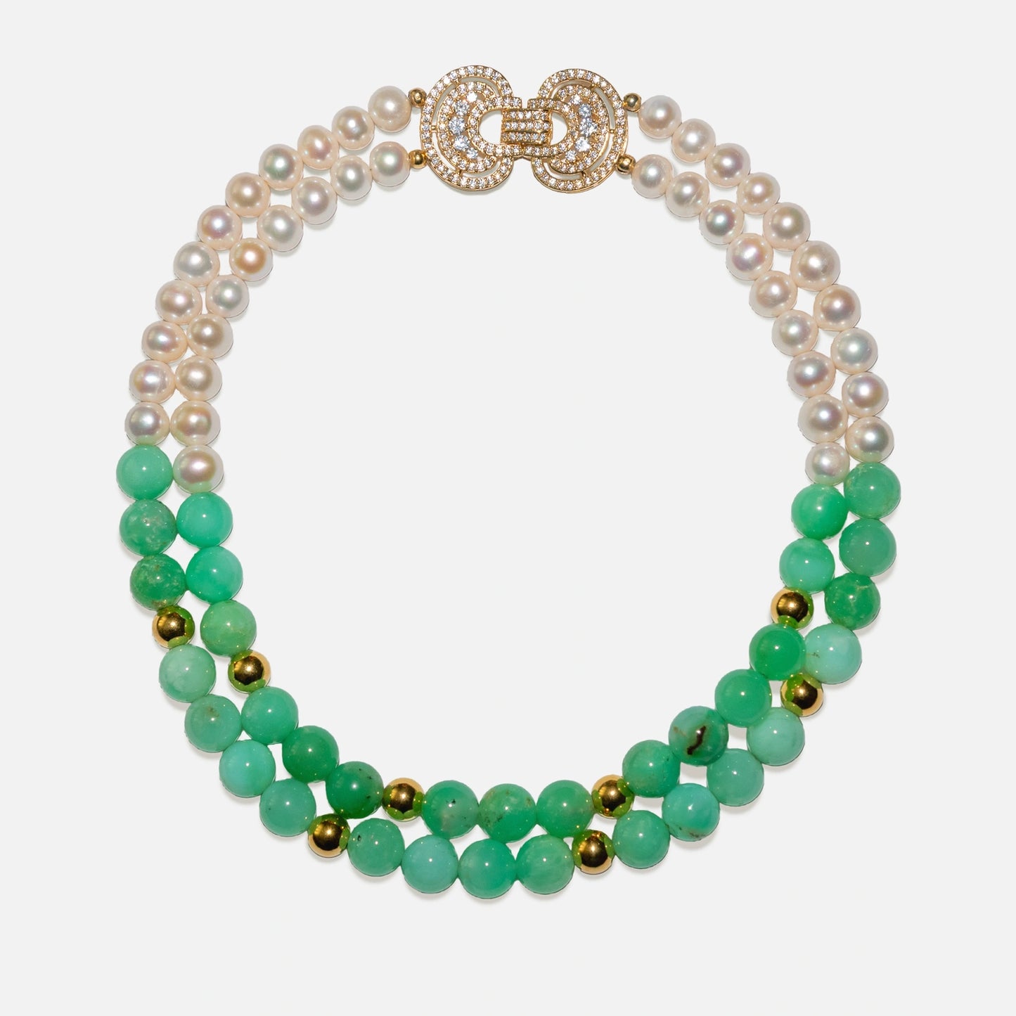 Zweireihige Kette aus Süsswasserperlen & Chrysopras