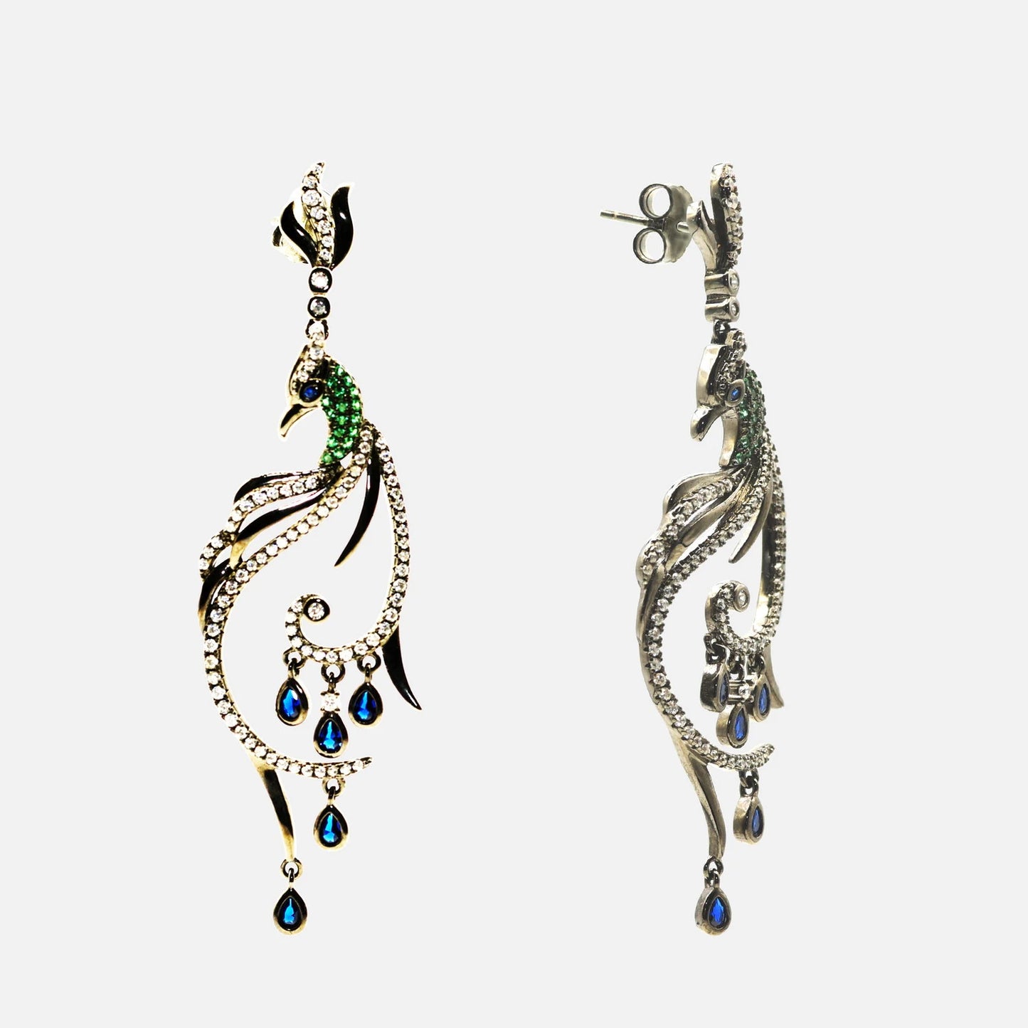 Ohrringe Pfau mit Kristallen – Schwarzsilber