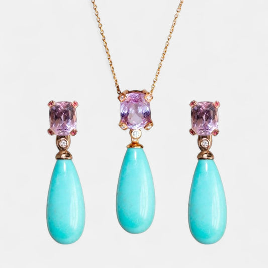 Set aus Kette & Ohrringen mit Kunzit, Türkis & Brillanten