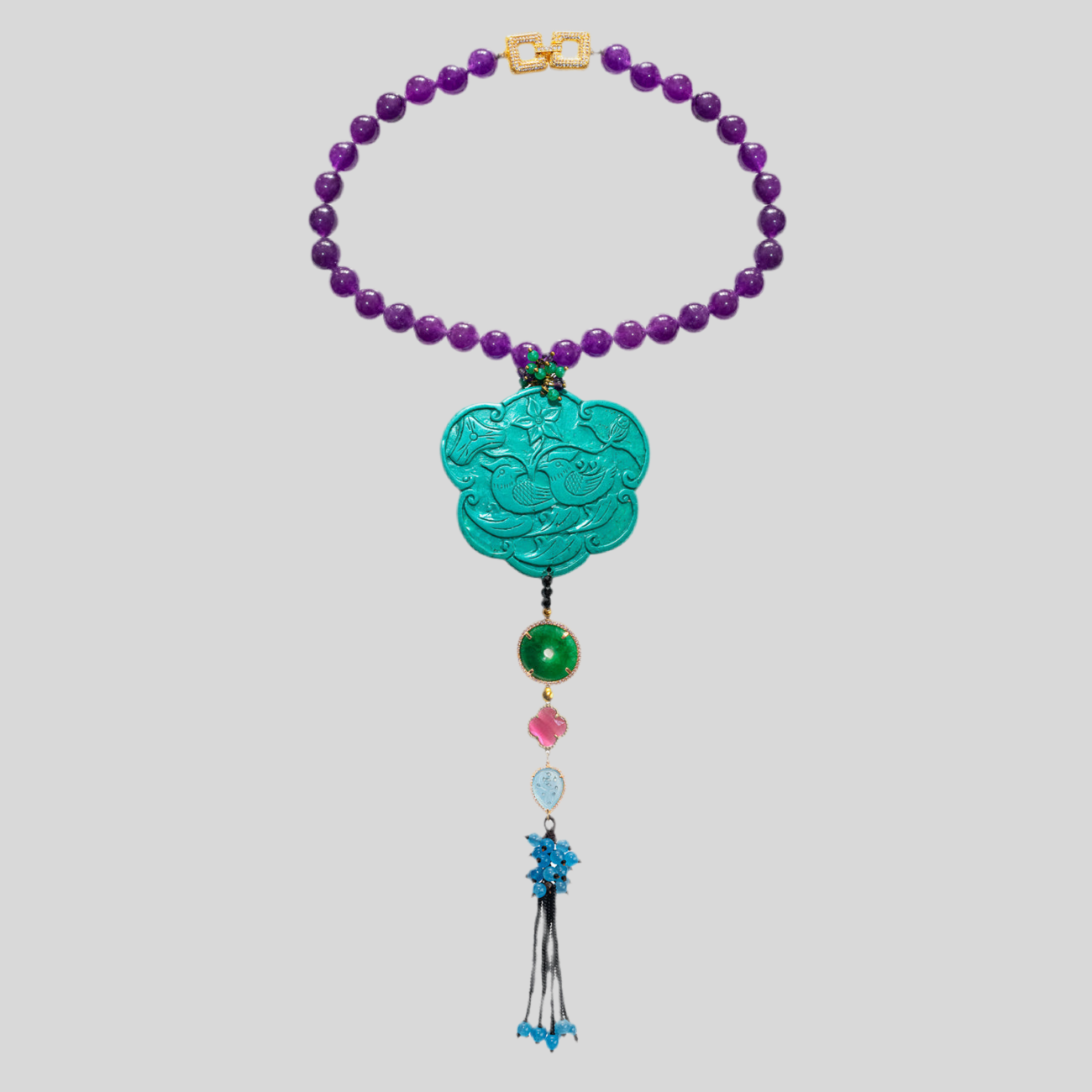 Anhänger mit Amethyst & Magnesit – Glückssymbol Doppelvogel