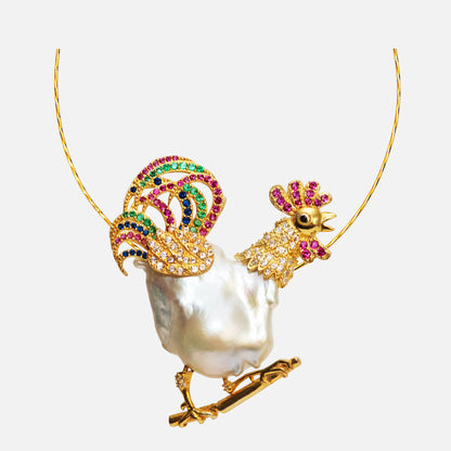 Goldener Hahn – Barockperlen-Anhänger mit Kristallen