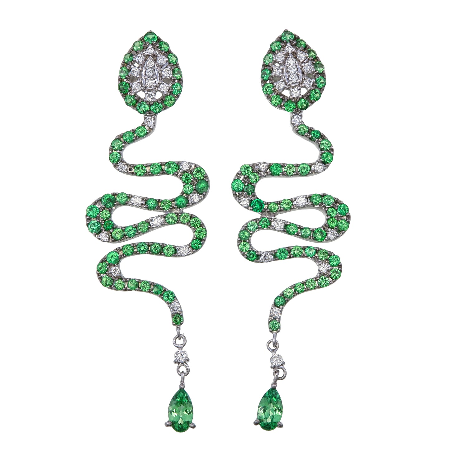 Design-Ohrringe in Schlangenform mit Tsavorit & Diamanten – 18K Gold