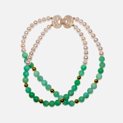 Zweireihige Kette aus Süsswasserperlen & Chrysopras