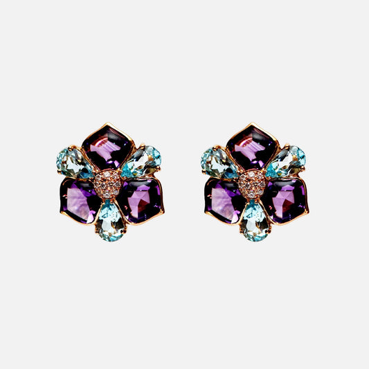 Design-Ohrringe in Blütenform aus Amethyst, Blautopas & Brillanten