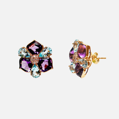 Design-Ohrringe in Blütenform aus Amethyst, Blautopas & Brillanten