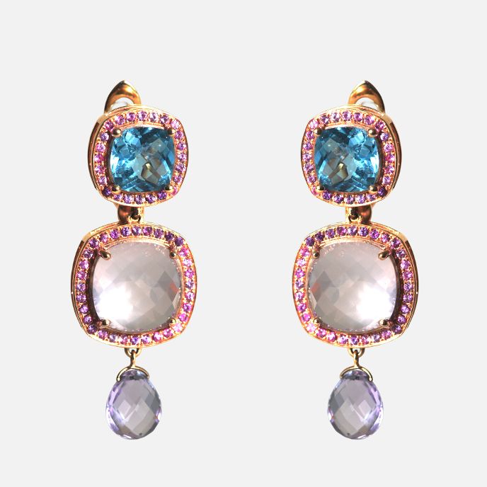 Design-Ohrringe mit Blauem Topas, Pinkquarz & Amethyst – 18K Roségold