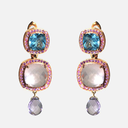 Design-Ohrringe mit Blauem Topas, Pinkquarz & Amethyst – 18K Roségold