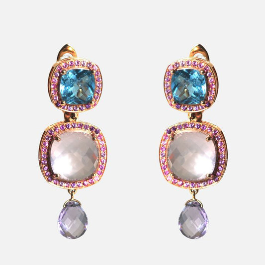 Design-Ohrringe mit Blauem Topas, Pinkquarz & Amethyst – 18K Roségold