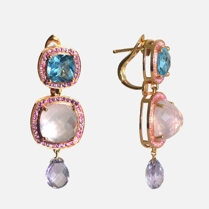 Design-Ohrringe mit Blauem Topas, Pinkquarz & Amethyst – 18K Roségold