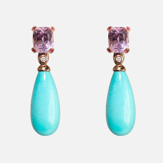 Design-Ohrringe aus 18K Gelbgold mit Türkis, Kunzit & Brillanten