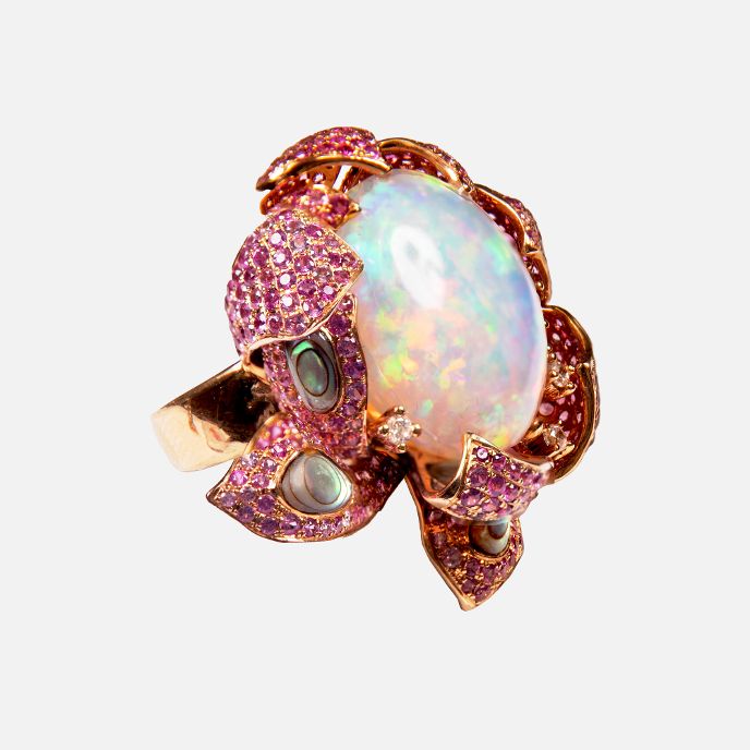 Unikat-Ring mit Opal, Pink Saphir & Brillanten – Künstlerisches Meisterstück