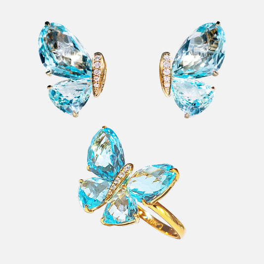 Set Schmetterling Ring & Ohrringe mit Topasen & Brillanten – 18K Gelbgold