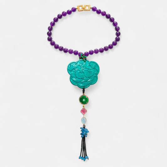 Anhänger mit Amethyst & Magnesit – Glückssymbol Doppelvogel