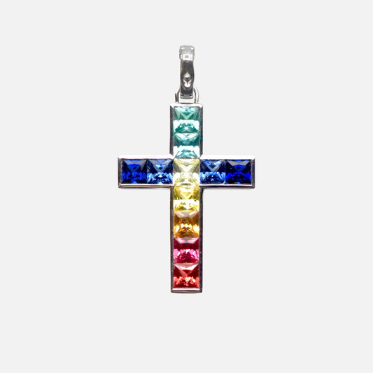 Kreuzanhänger aus Weißgold mit farbigen Saphiren