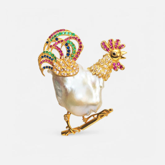 Goldener Hahn – Barockperlen-Anhänger mit Kristallen