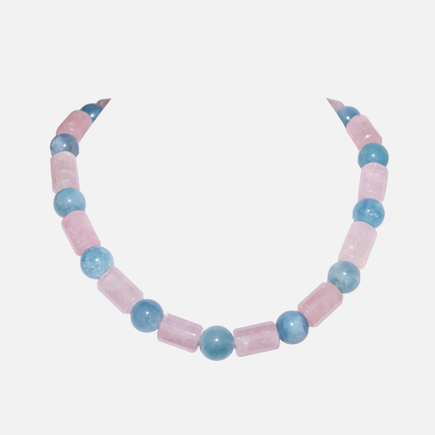 Kette aus Rosenquarz & Aquamarin mit vergoldetem Silberverschluss