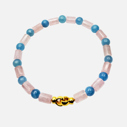 Kette aus Rosenquarz & Aquamarin mit vergoldetem Silberverschluss