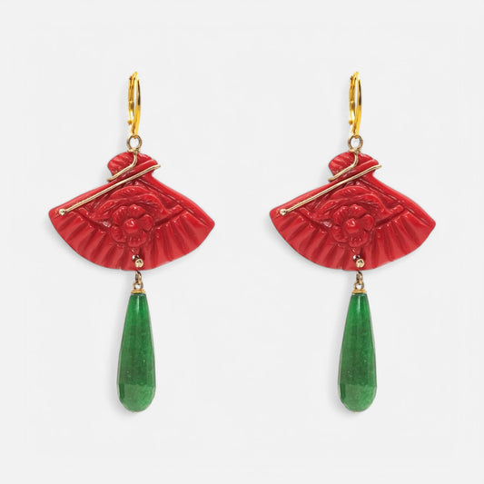 Bambuskoralle & grüner Achat – Künstlerische Ohrringe