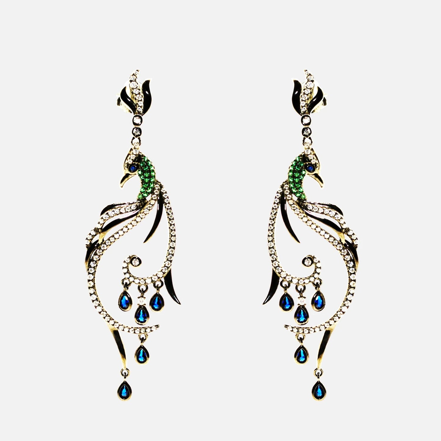 Ohrringe Pfau mit Kristallen – Schwarzsilber