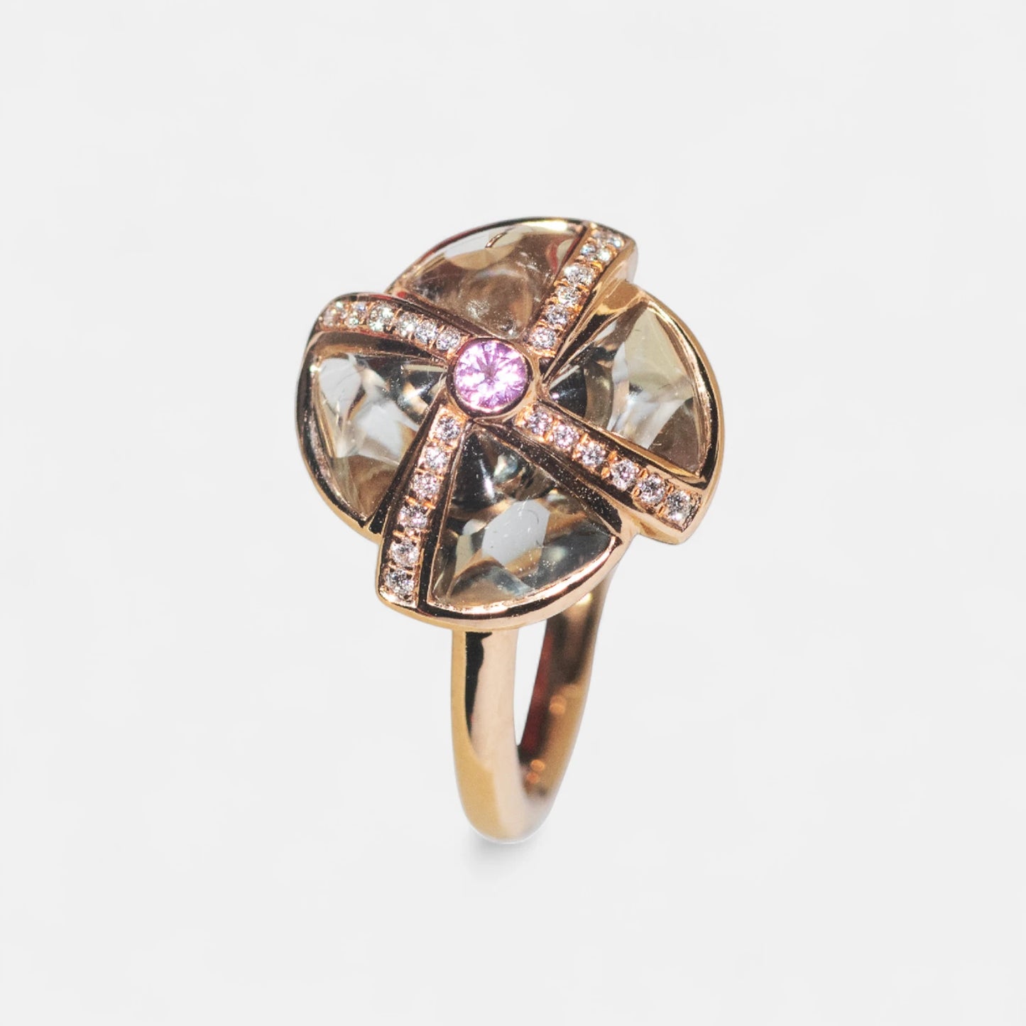 Designring mit grünem Amethyst & Pinksaphir – 18K Roségold