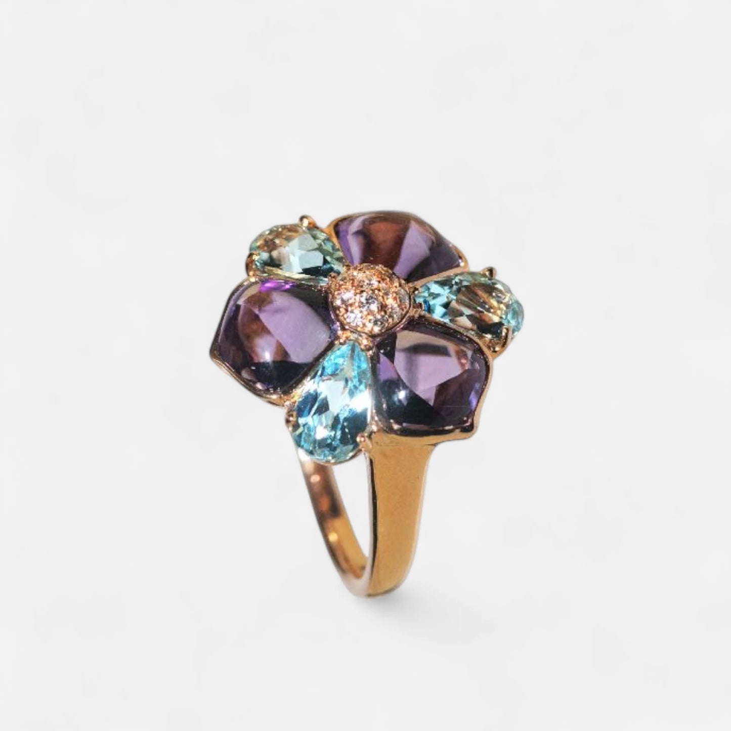 Blütenring mit Amethyst & Blautopas – 18K Gelbgold