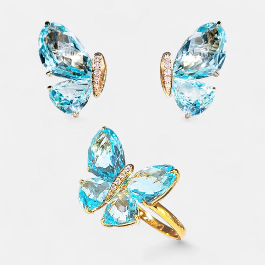 Set Schmetterling Ring & Ohrringe mit Topasen & Brillanten – 18K Gelbgold