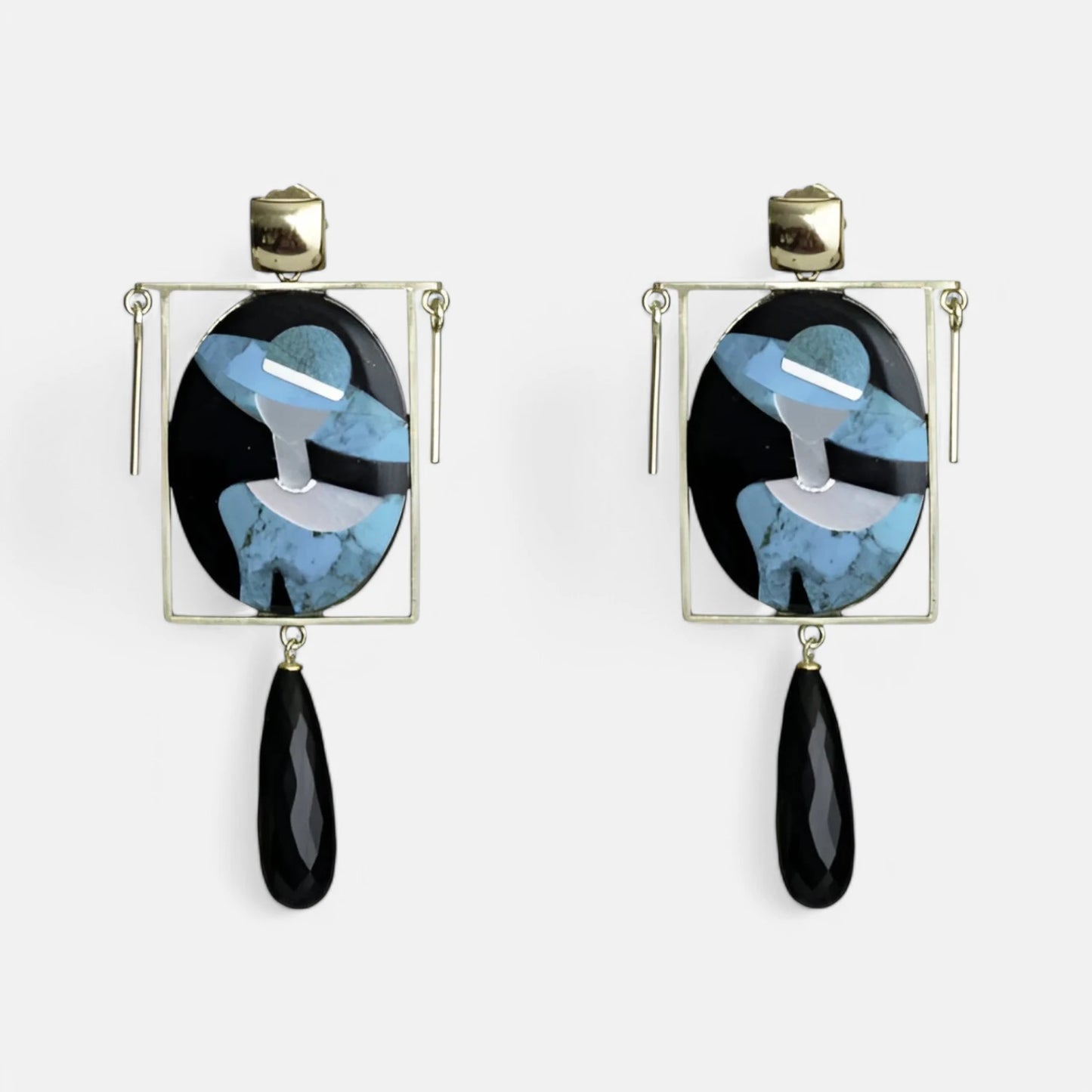 Vintage-Ohrringe 'Lady with Hat' aus Onyx, Türkis und Perlmutt