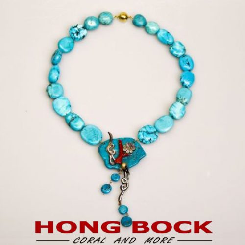 HONG BOCK design necklace / natural turquoise + natural coral (branch) + mother of pearl