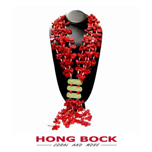 HONG BOCK-Design kette , Rote, 3-reihige Korallentropfen mit grünen Magnesiten. 80cm lang