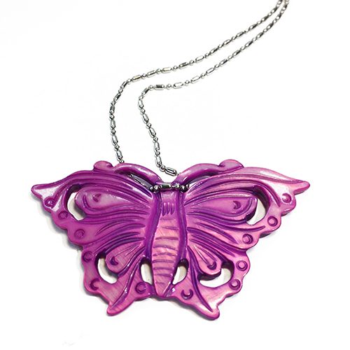 Butterfly pendant in necklace silver chain. lila