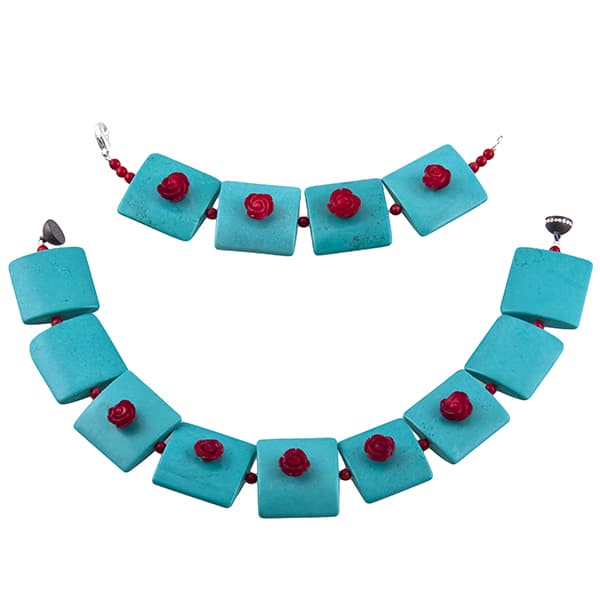 Magnesite Necklace blue with coral red rose