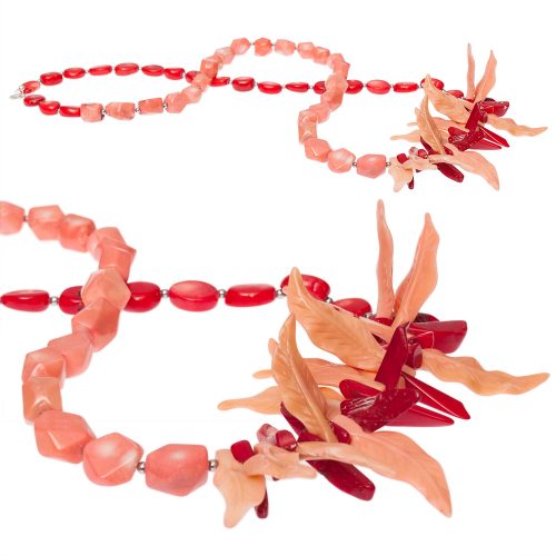 HONG BOCK-Design kette,Korallen pink Nugget und rote Blätter, 80cm lang