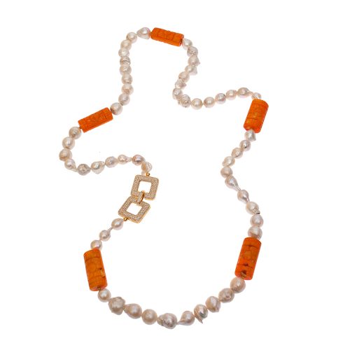 HONG BOCK-Freshwater Baroque pearl necklace white with orange coral, 80 cm long