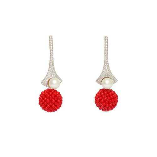 HONG BOCK-Design earrings with red coral in 14mm with 925 silver