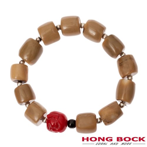 HONG BOCK-Design Armband aus Natur Bambuskorallen mit Buddhakopf in beige und rot
