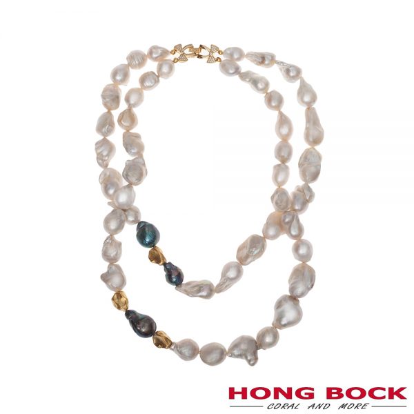HONG BOCK-Design - Ensemble bestehend aus 2 reihiger Süßwasser-Barockperlenkette und Armband in weiß, dunkelgrau und gold-2460