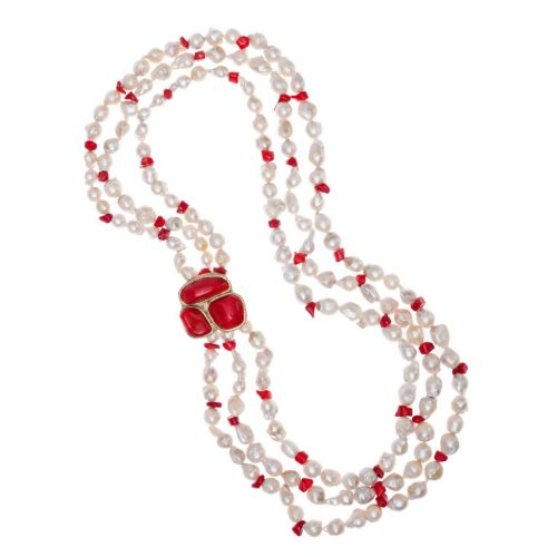 HONG BOCK-Design - Süßwasser-Perlenkette, 3 reihig, mit rotem Korallenelement in 80cm lang