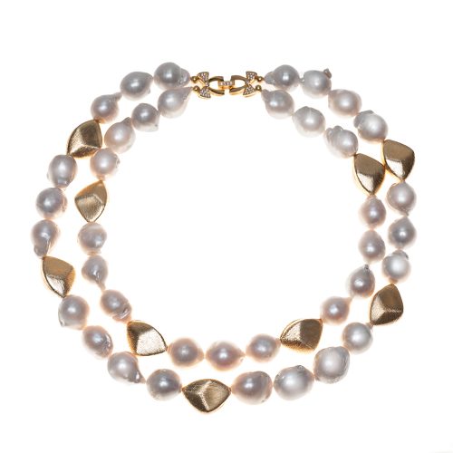 HONG BOCK design 2row white freshwater baroque pearl necklace with gold plated freshwater baroque pearls (Nuggets)